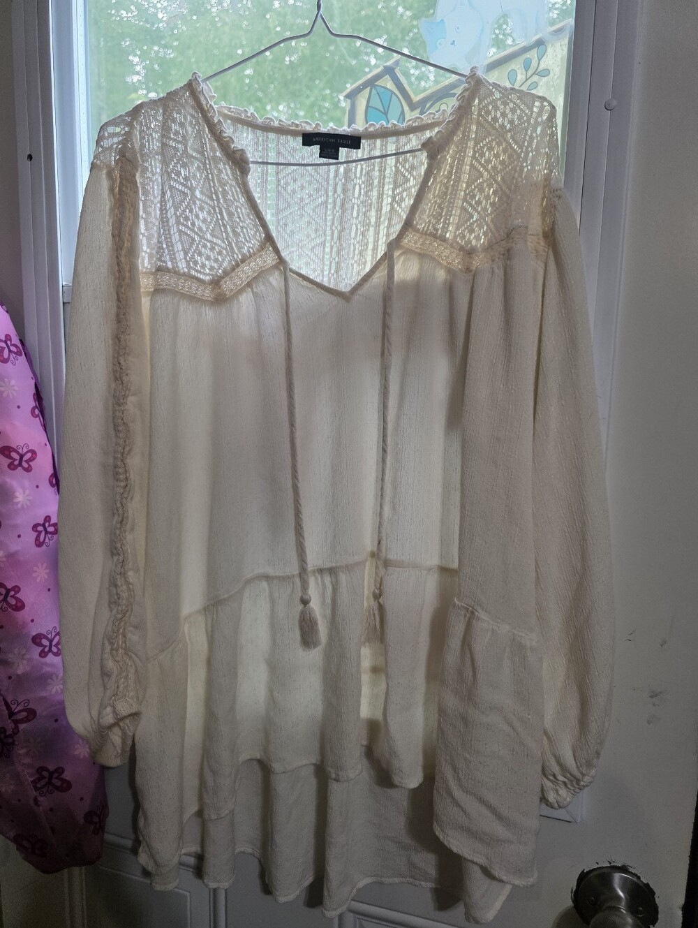 Boho American Eagle Embroidered V-Neck Peasant Top - Cream